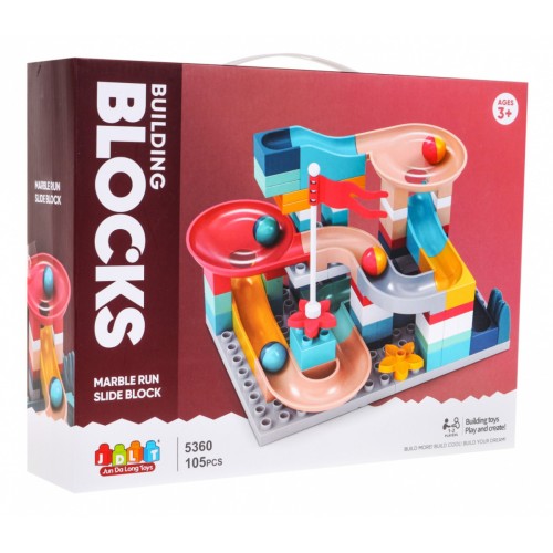 Stavebnicové kocky na dráhu pre guličky pre deti 3+ šmýkačky kopce lieviky + Základňa + Príslušenstvo 105 ks.