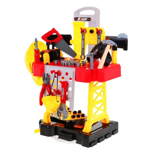 Sada majstra 3v1 pre deti 3+ Kufor s nástrojmi + Stolík Dielňa + Odev stavbyvedúceho 85 ks.