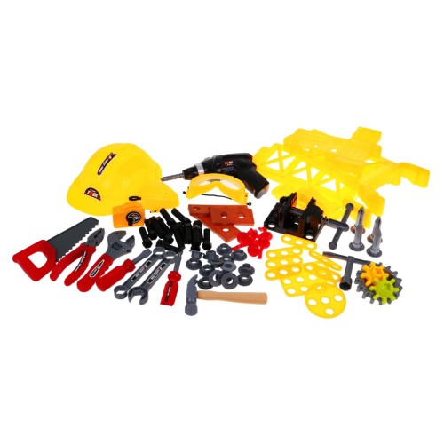 Sada majstra 3v1 pre deti 3+ Kufor s nástrojmi + Stolík Dielňa + Odev stavbyvedúceho 85 ks.