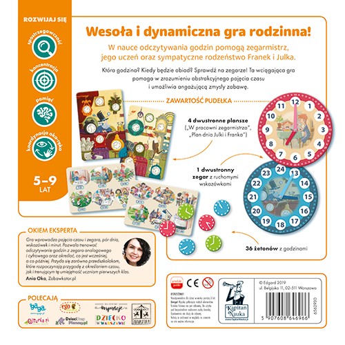 Edukačná hra "Hodiny" pre deti 5-9 rokov + Učenie počítania času a častí dňa + Stolová hra pre 2-4 osoby