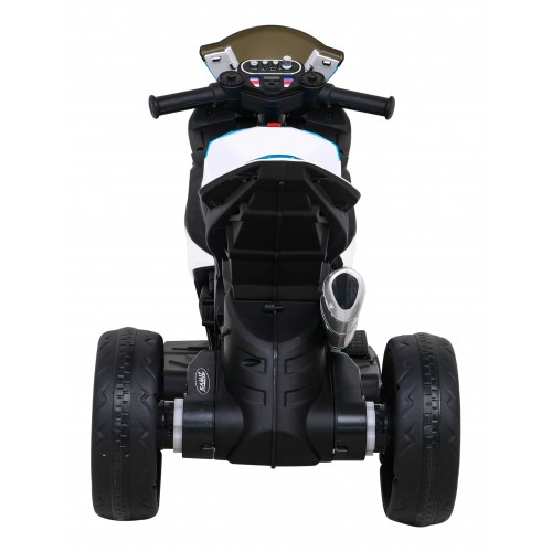 Motorka BMW HP4 na batériu pre deti Biely + 3 kolesá + LED + MP3 USB + Ekokoža