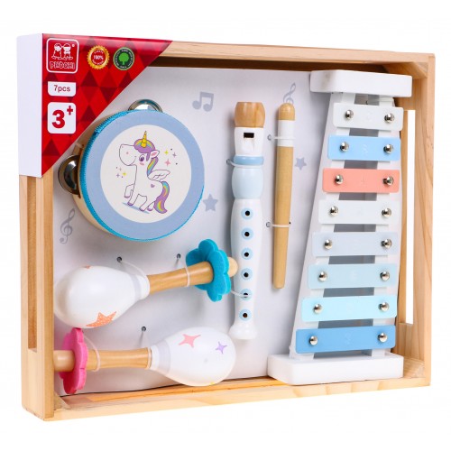 Drevená sada Hudobných nástrojov pre deti 3+ Tamburína Flauta Perkusie Marakasy + Pastelové farby
