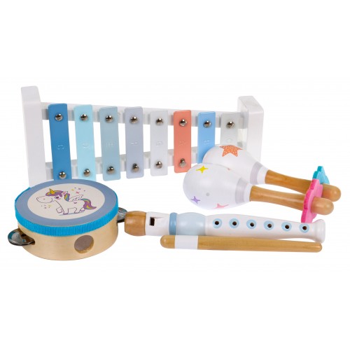 Drevená sada Hudobných nástrojov pre deti 3+ Tamburína Flauta Perkusie Marakasy + Pastelové farby