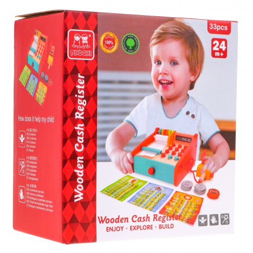 Drevená obchodná pokladňa pre deti 2+ Vysúvacia zásuvka + Počítadlo + Terminál + Čítačka + Príslušenstvo