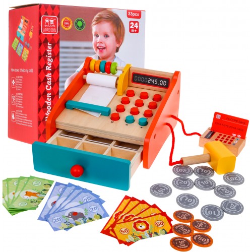 Drevená obchodná pokladňa pre deti 2+ Vysúvacia zásuvka + Počítadlo + Terminál + Čítačka + Príslušenstvo