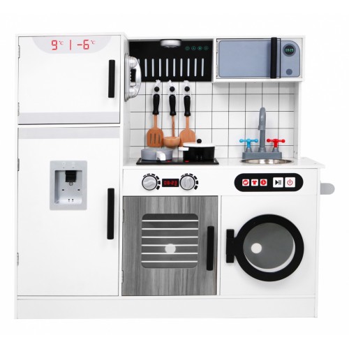 Veľká drevená kuchyňa pre deti 3+ sivá + Interaktívne Zvuky Svetlá + Príslušenstvo