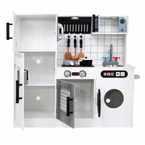 Veľká drevená kuchyňa pre deti 3+ sivá + Interaktívne Zvuky Svetlá + Príslušenstvo