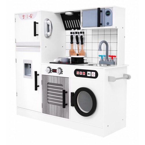 Veľká drevená kuchyňa pre deti 3+ sivá + Interaktívne Zvuky Svetlá + Príslušenstvo