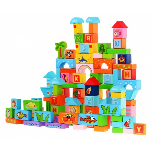 Sada drevených kociek "Oceán" pre deti 3+ Hra na stavbu 100 ks.