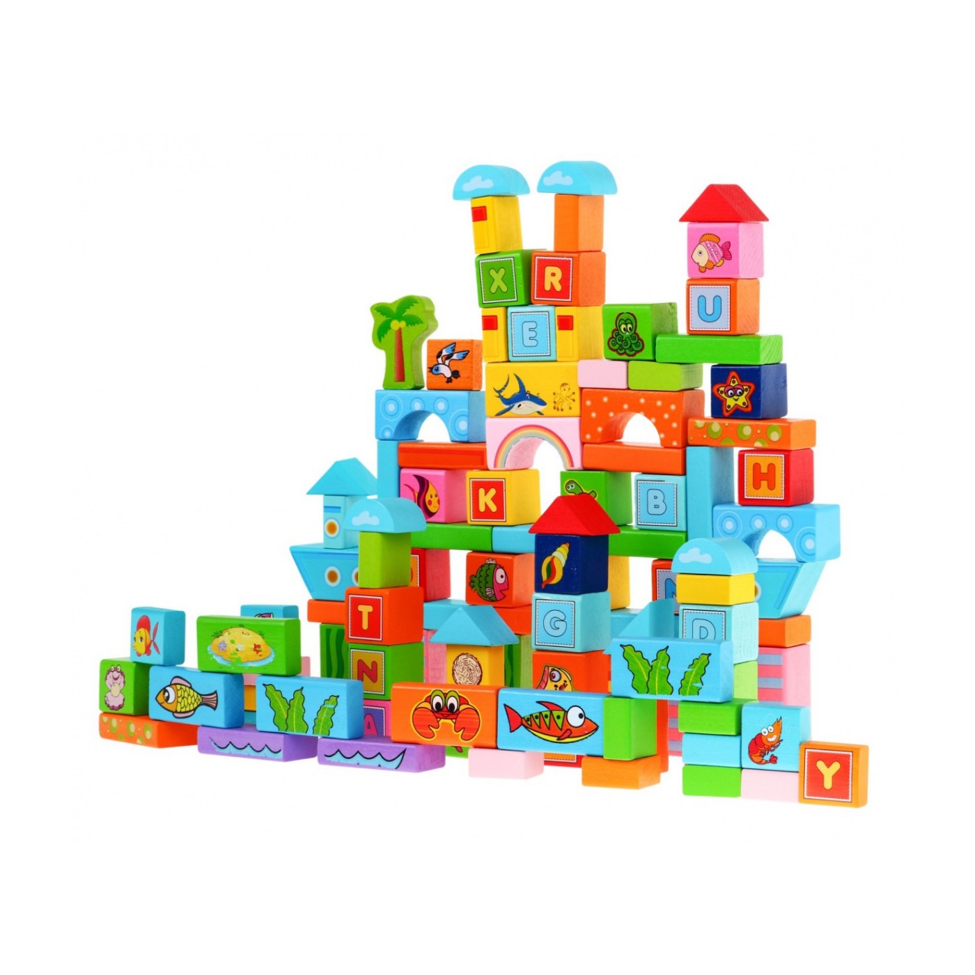 Sada drevených kociek "Oceán" pre deti 3+ Hra na stavbu 100 ks.