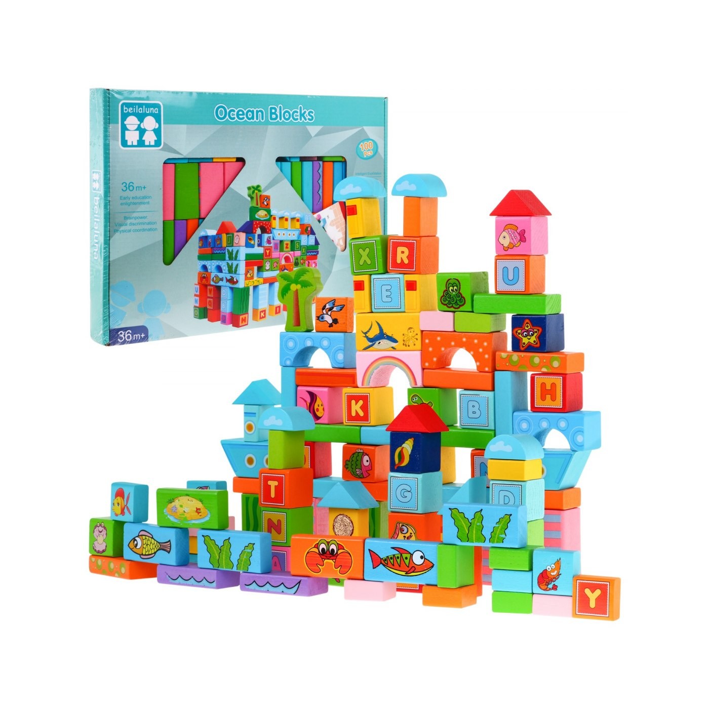 Sada drevených kociek "Oceán" pre deti 3+ Hra na stavbu 100 ks.