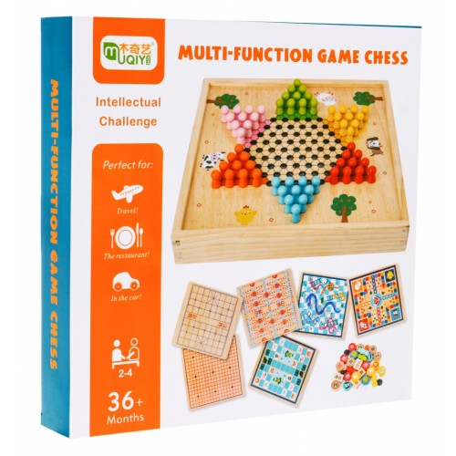 Drevená sada stolových hier 6v1 pre deti Trylma Hady a rebríky Šachy Číňan GO