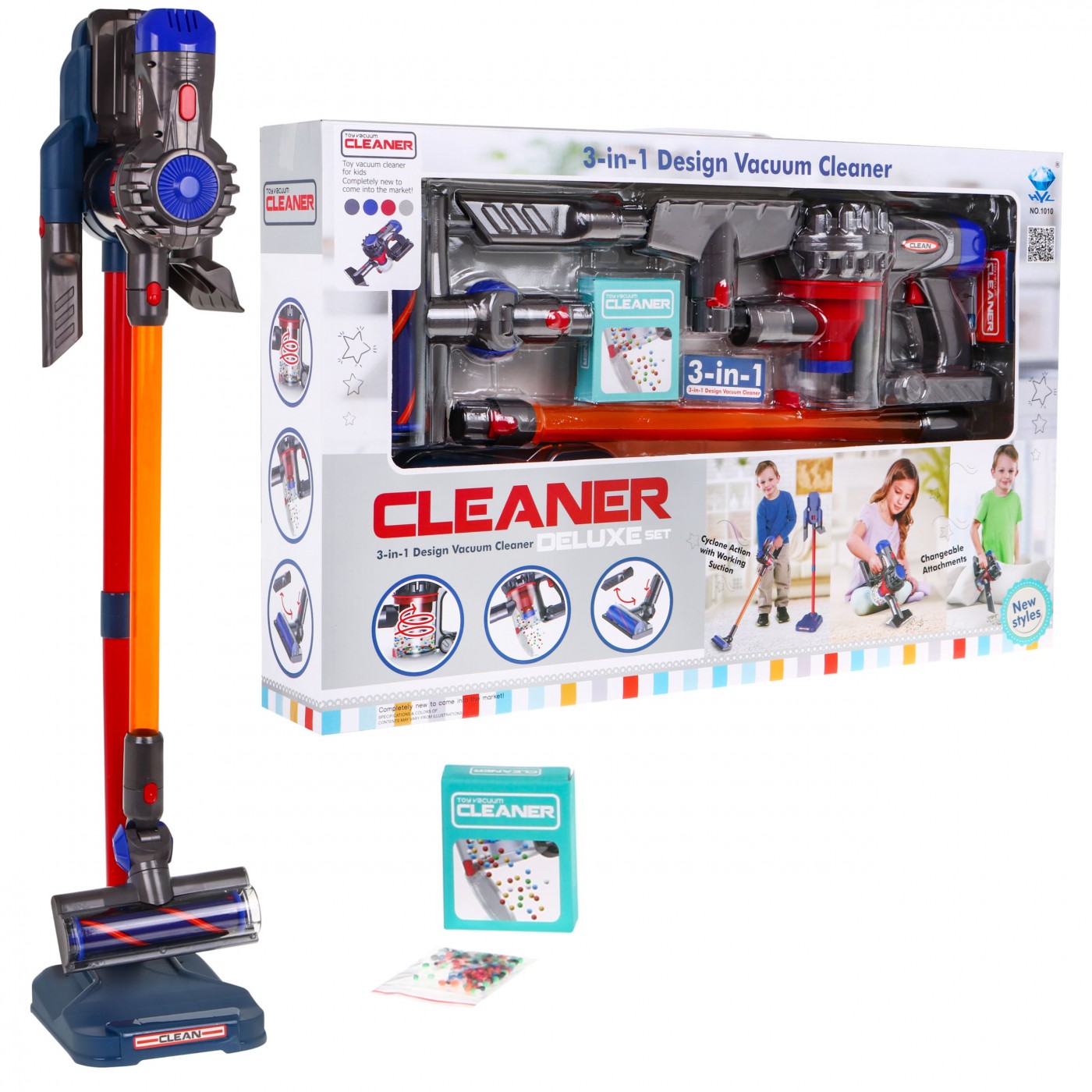 Upratovacia súprava 3v1 AGD pre deti Tyčový vysávač ručný + kefy + dokovacia stanica