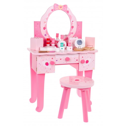 Drevený toaletný stolík s taburetkou pre dievčatá Domáci salón krásy Make-up + Príslušenstvo