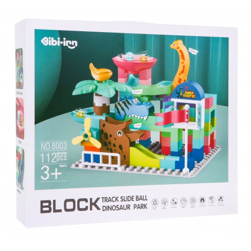 Sada stavebných kociek pre deti 112 ks. Dráha pre guličky šmýkačky + Dinosaury