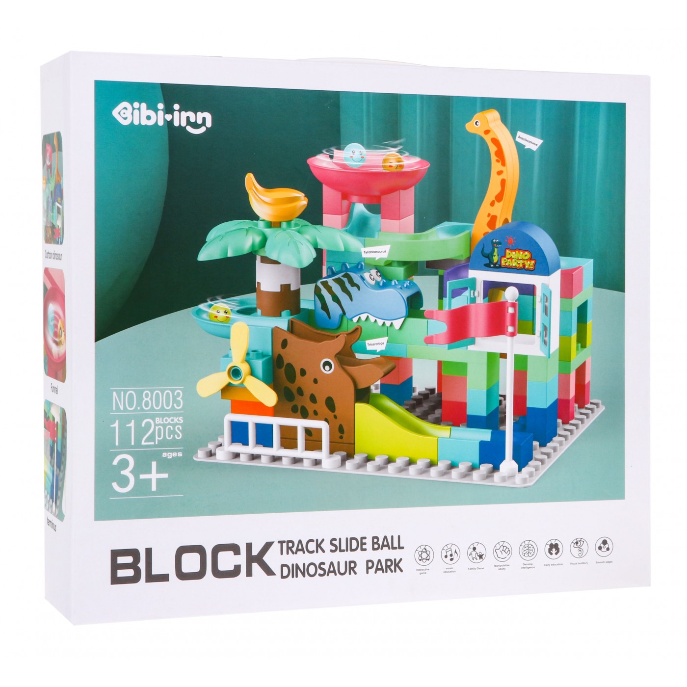Sada stavebných kociek pre deti 112 ks. Dráha pre guličky šmýkačky + Dinosaury