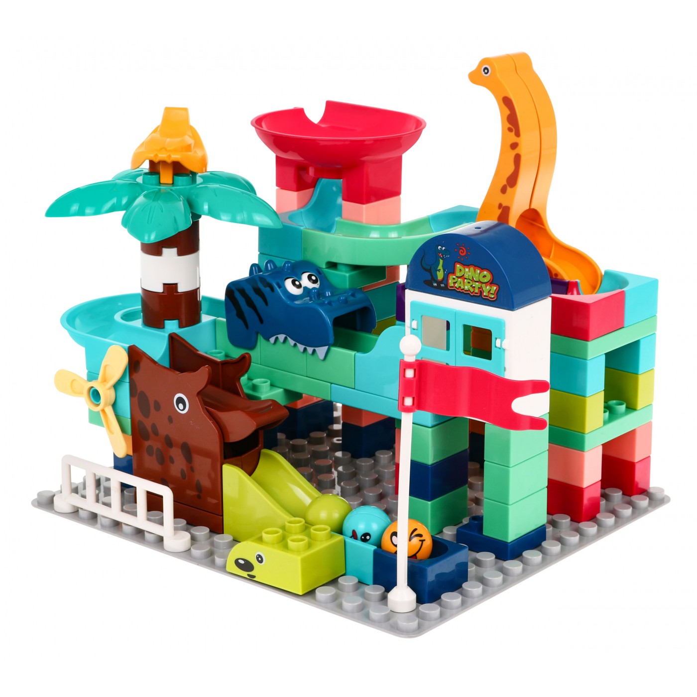 Sada stavebných kociek pre deti 112 ks. Dráha pre guličky šmýkačky + Dinosaury