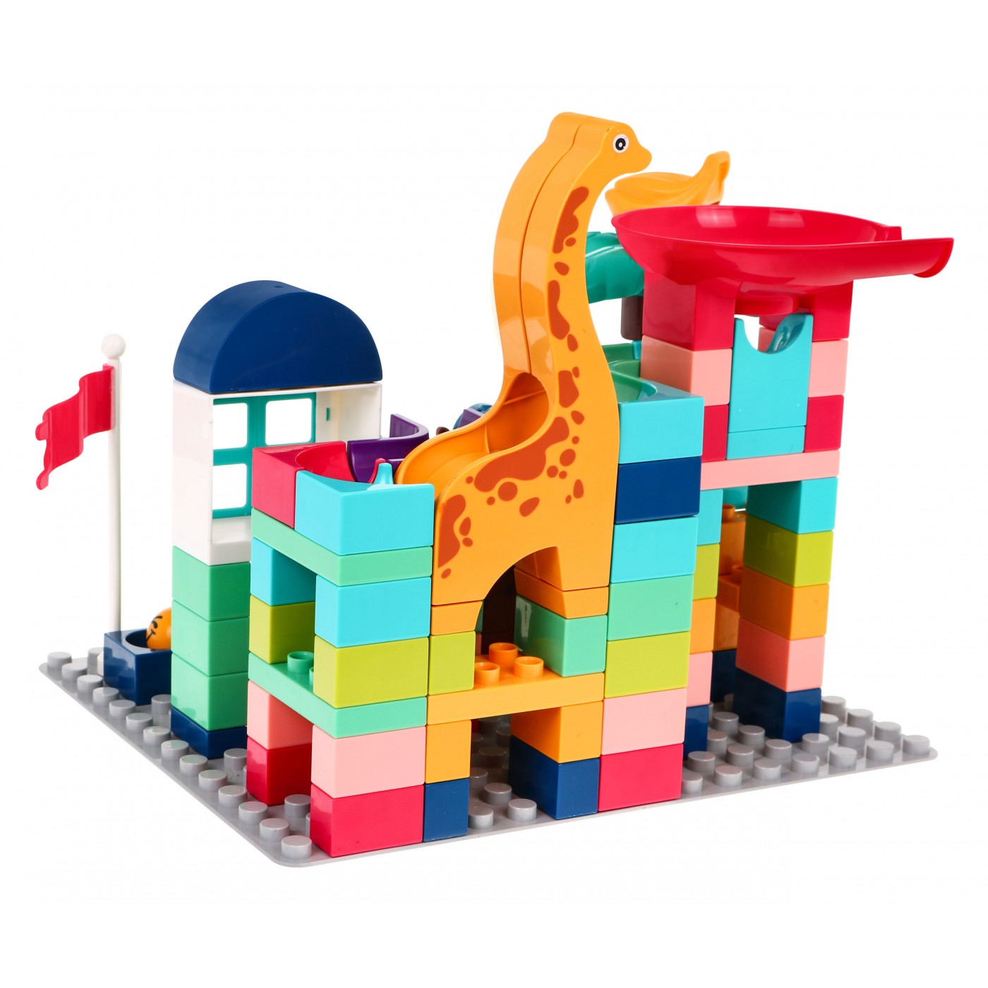 Sada stavebných kociek pre deti 112 ks. Dráha pre guličky šmýkačky + Dinosaury