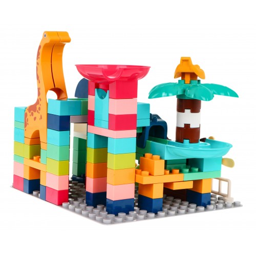 Sada stavebných kociek pre deti 112 ks. Dráha pre guličky šmýkačky + Dinosaury