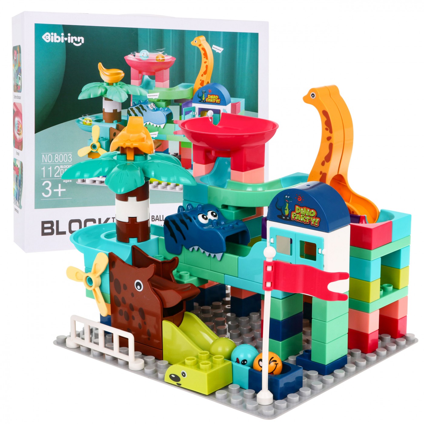 Sada stavebných kociek pre deti 112 ks. Dráha pre guličky šmýkačky + Dinosaury