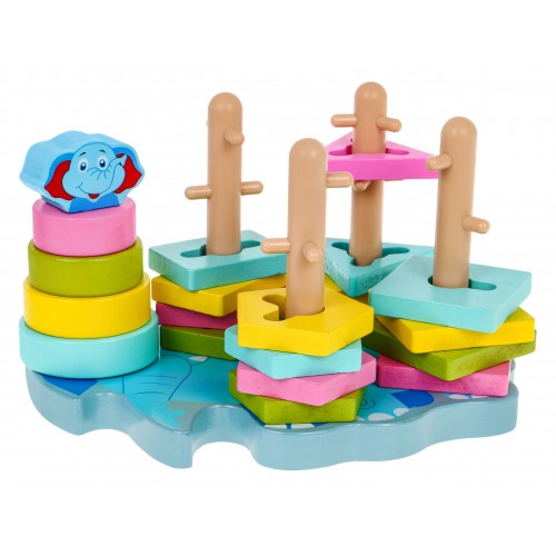 Drevená senzorická ukladačka pre deti - veža pyramída triedič tvarov
