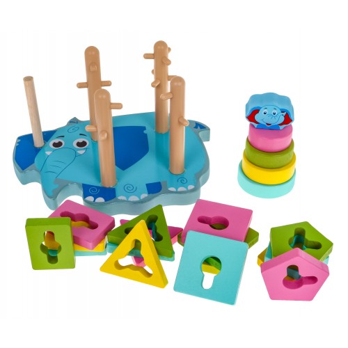 Drevená senzorická ukladačka pre deti - veža pyramída triedič tvarov