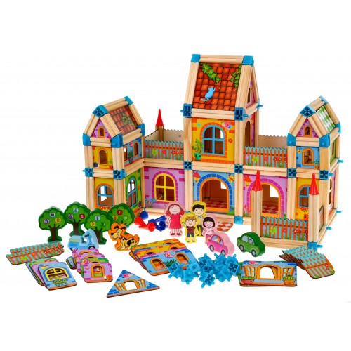 Drevené stavebné kocky pre deti 3+ Farebný MEGA set 268 ks. na stavbu domčeka