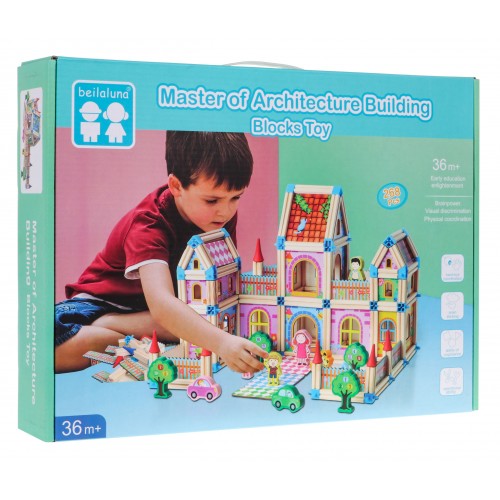 Drevené stavebné kocky pre deti 3+ Farebný MEGA set 268 ks. na stavbu domčeka