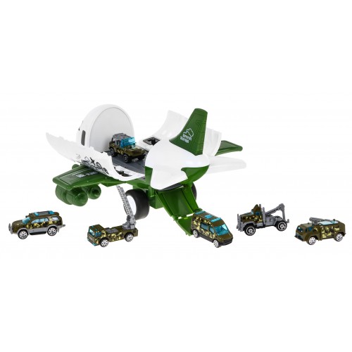 Vojenské lietadlo 2v1 pre deti 3+ Parkovisko + 6 autíčok Angličáky