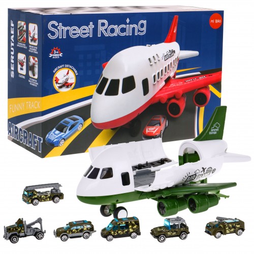 Vojenské lietadlo 2v1 pre deti 3+ Parkovisko + 6 autíčok Angličáky