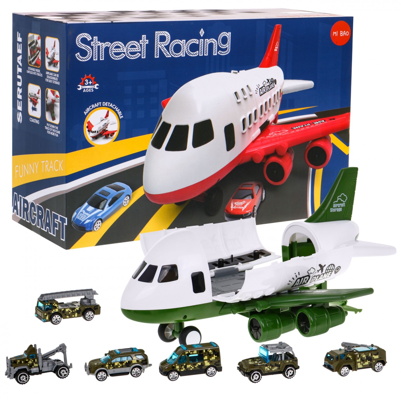 Vojenské lietadlo 2v1 pre deti 3+ Parkovisko + 6 autíčok Angličáky