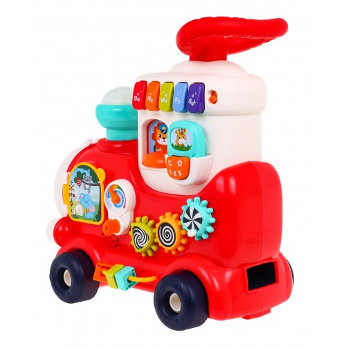 Interaktívna lokomotíva 4v1 pre deti 12m+ tlačná rukoväť+ chodítko + vozík + edukačná hračka