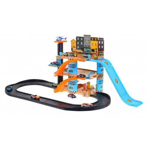 4-poschodové parkovisko s výťahom pre deti 3+ Autíčka helikoptéra + šmykľavka