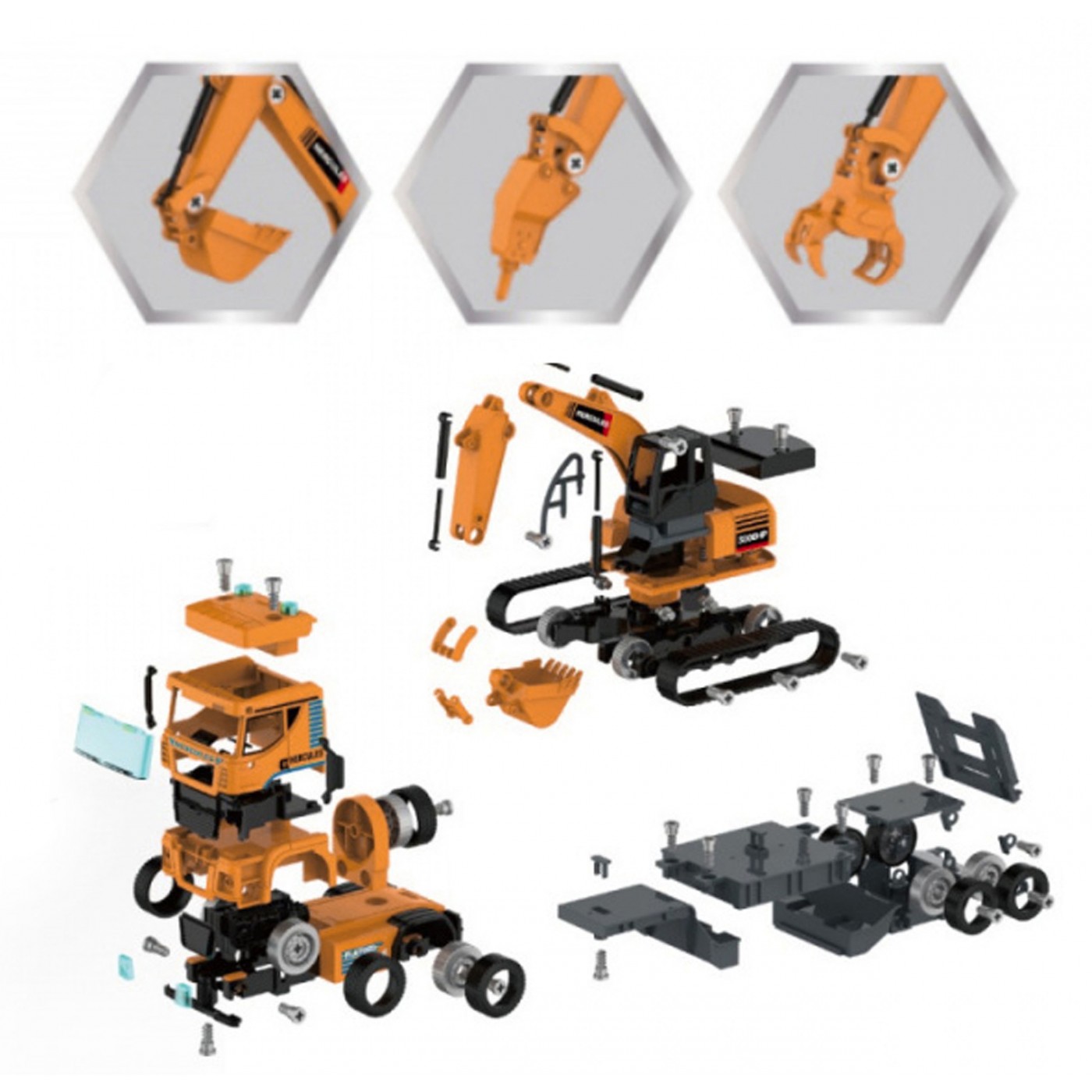 Stavebné vozidlá na skladanie pre deti 3+ Nákladné auto + bager + vŕtačka-skručkovač 185 ks.