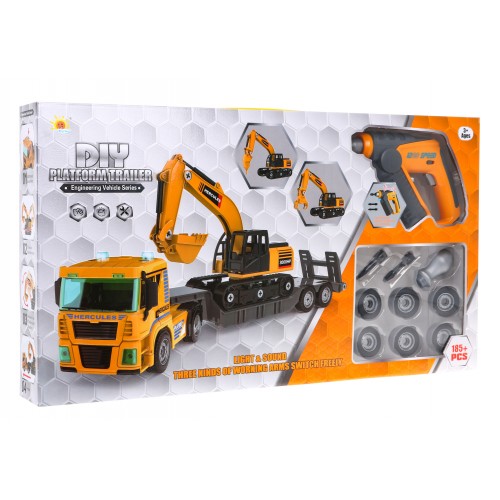 Stavebné vozidlá na skladanie pre deti 3+ Nákladné auto + bager + vŕtačka-skručkovač 185 ks.