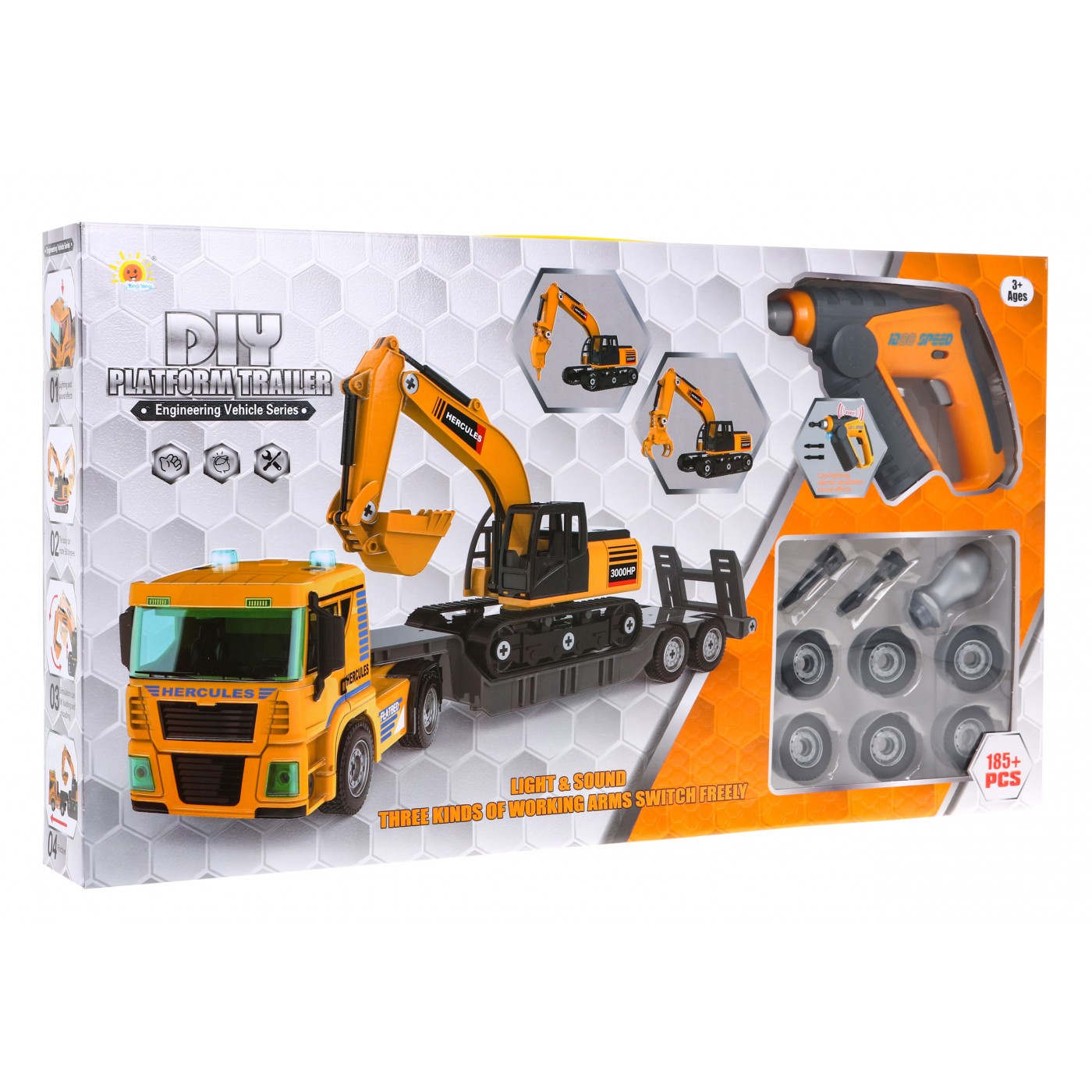 Stavebné vozidlá na skladanie pre deti 3+ Nákladné auto + bager + vŕtačka-skručkovač 185 ks.