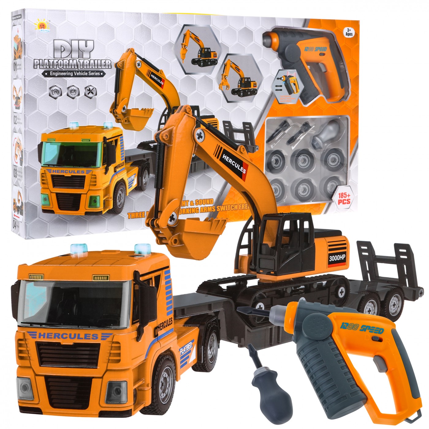Stavebné vozidlá na skladanie pre deti 3+ Nákladné auto + bager + vŕtačka-skručkovač 185 ks.