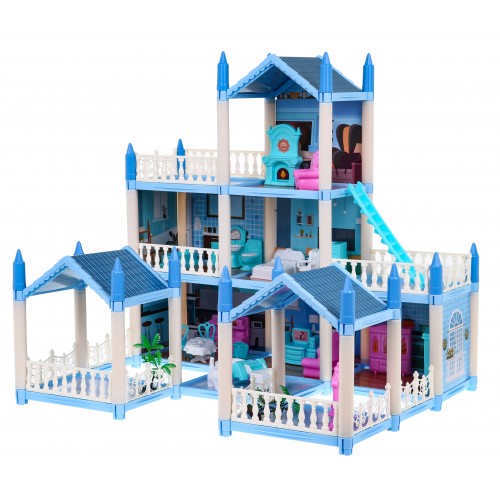 3-poschodový domček pre bábiky Darček pre dievčatá 6+ Modrá vila s vybavením