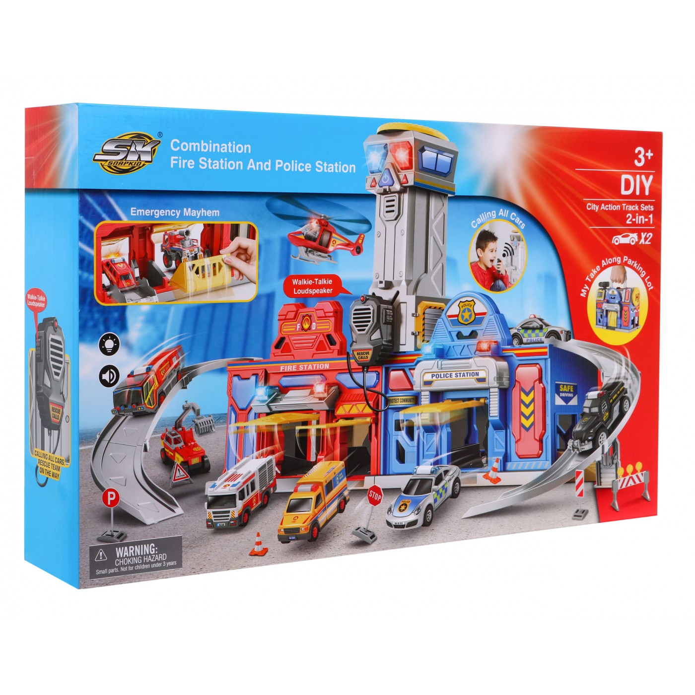 Interaktívne parkovisko 2v1 s výťahom pre deti 3+ Hasičská stanica + policajná stanica