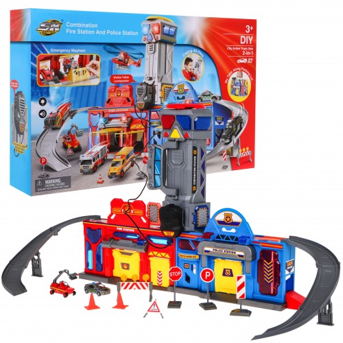 Interaktívne parkovisko 2v1 s výťahom pre deti 3+ Hasičská stanica + policajná stanica