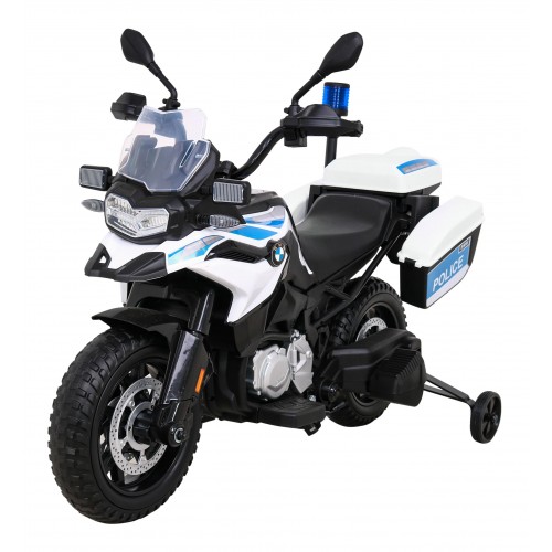 Policajná motorka BMW F850 GS na batériu pre deti + Pomocné kolieska + Sirena + Svetlá + 2 kufre + Pomalý štart