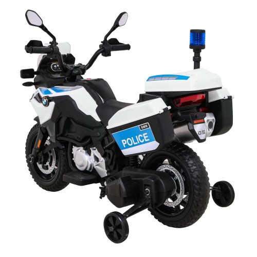 Policajná motorka BMW F850 GS na batériu pre deti + Pomocné kolieska + Sirena + Svetlá + 2 kufre + Pomalý štart