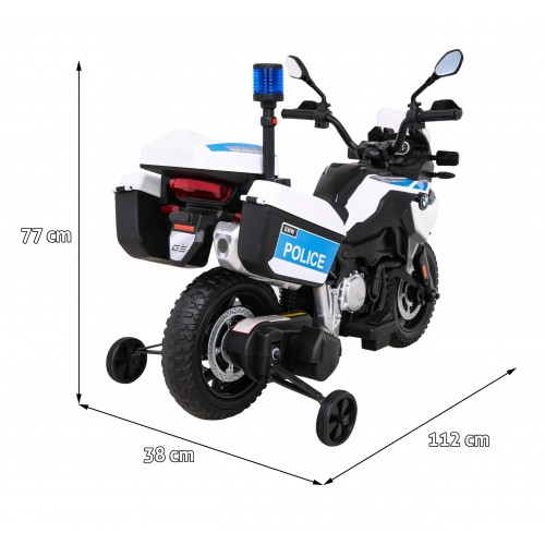 Policajná motorka BMW F850 GS na batériu pre deti + Pomocné kolieska + Sirena + Svetlá + 2 kufre + Pomalý štart