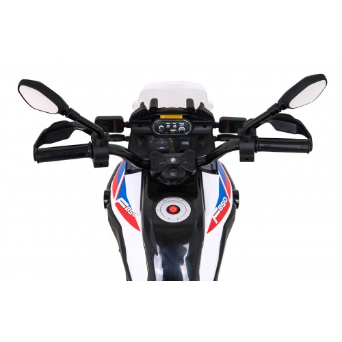 Motorka BMW F850 GS na batériu pre deti Biely + Pomocné kolieska + Audio LED + Pomalý štart + EVA
