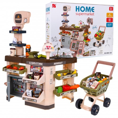 Interaktívny supermarket pre deti 3+ Hra v obchode 63 ks. Vozík Pokladňa Terminál + svetlá zvuky