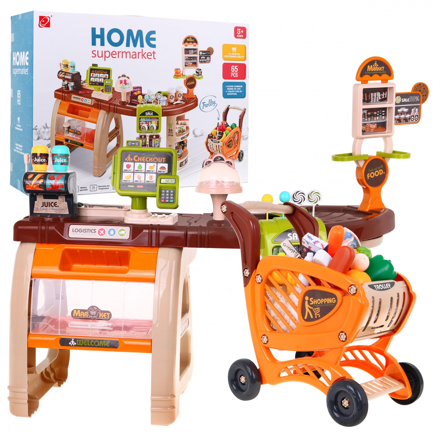 Veľký Supermarket pre deti 3+ Interaktívna sada 65 ks. + Pokladňa + Skener + Vozík + Príslušenstvo