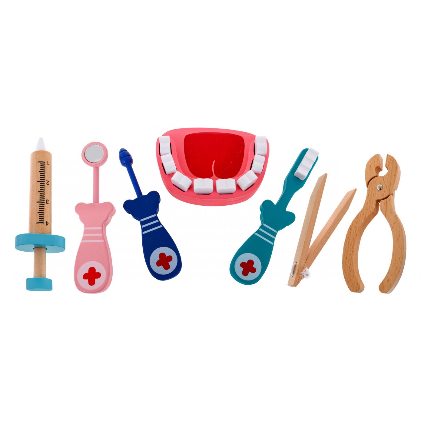 Drevená zubárska sada pre deti 3+ Príslušenstvo 32 ks. Vzdelávacie knižky + Nálepky "Statočný pacient"