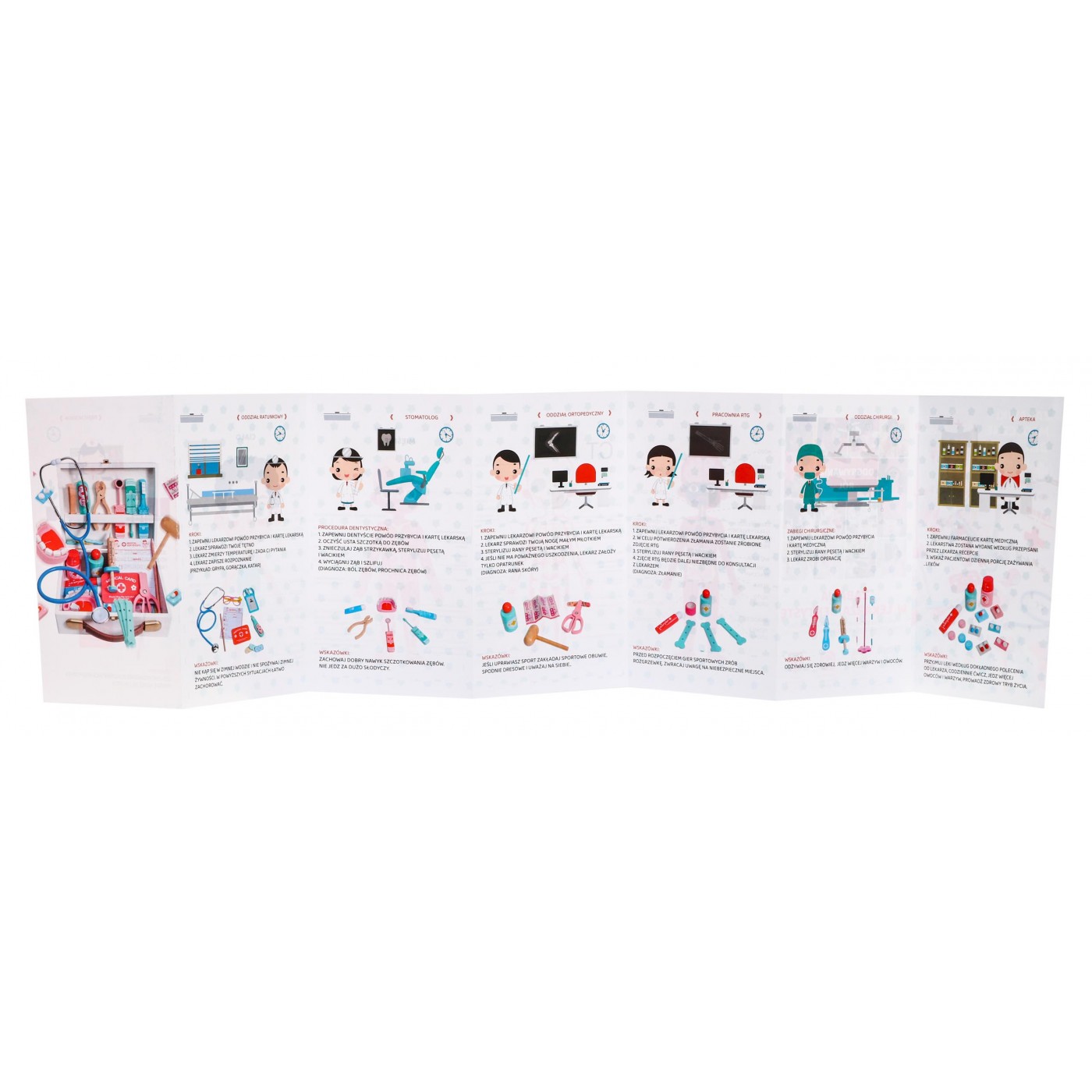 Drevená lekárska sada pre deti 3+ Príslušenstvo 30 ks. Vzdelávacie knižky + Nálepky "Statočný pacient"