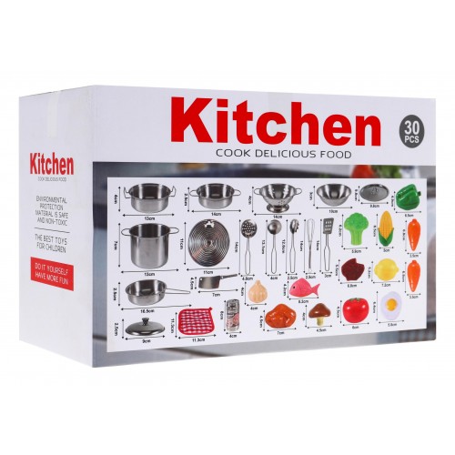 Mega kuchynská sada pre deti 3+ Kovové hrnce + Kuchynské nástroje + Jedlo 30 ks.