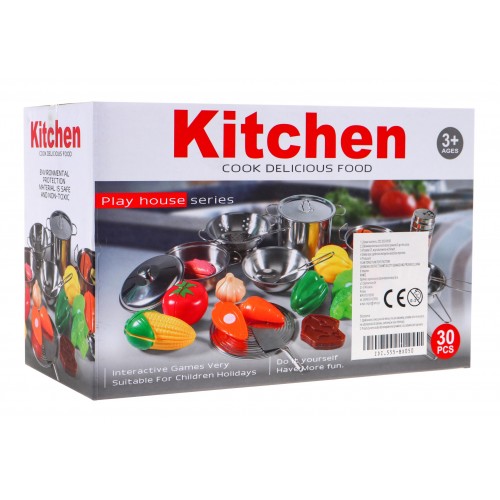 Mega kuchynská sada pre deti 3+ Kovové hrnce + Kuchynské nástroje + Jedlo 30 ks.